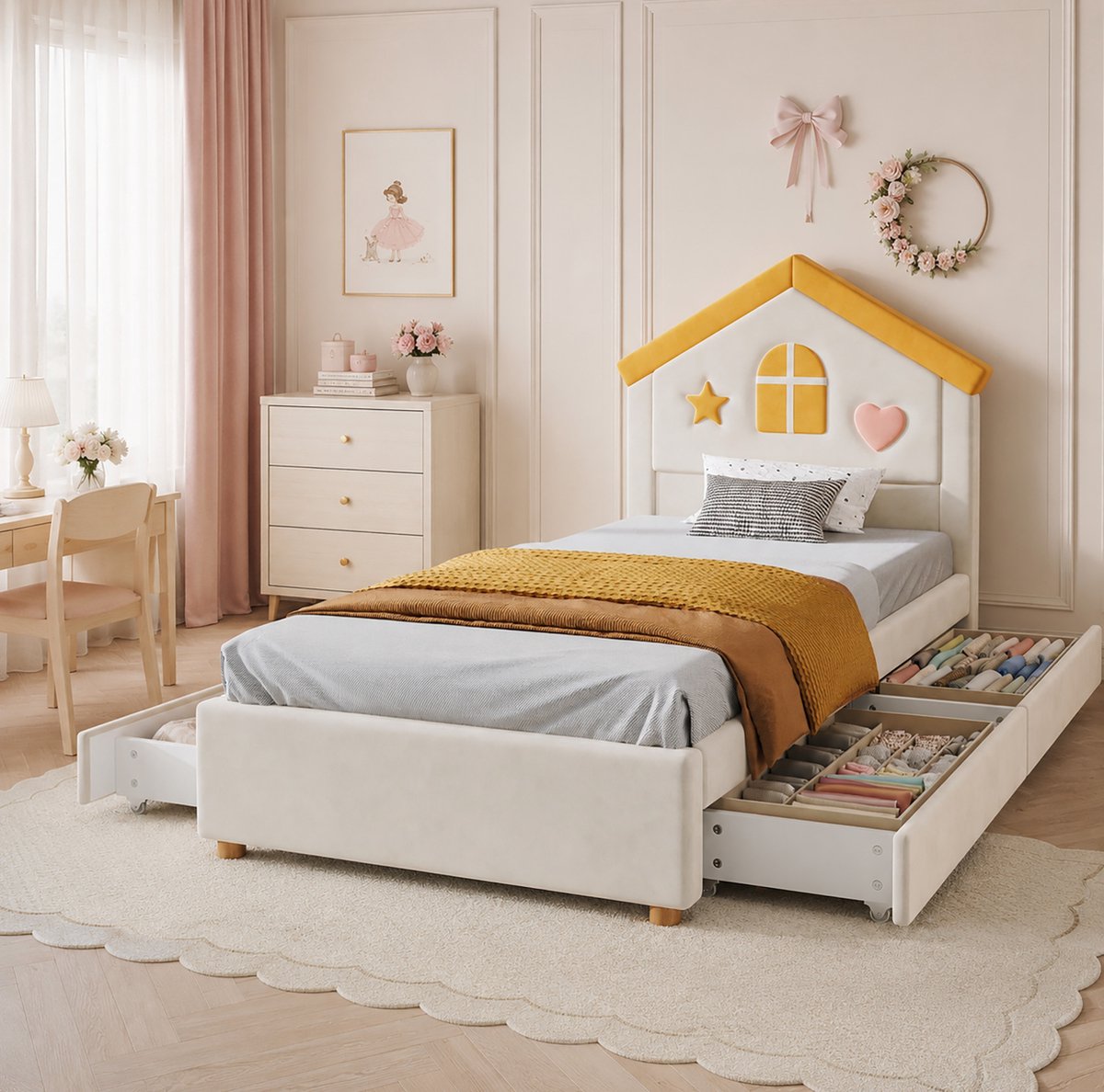 COVREO Kinderbed 90x200 cm beige stof, huisbed met 4 lades en opbergruimte