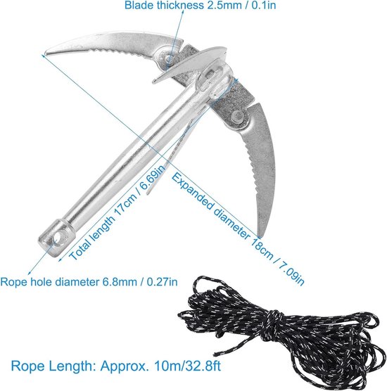 Weed Root Verwijder Tool met 4 Klauwen, Vouwbare Onkruidmes voor Aquatische Planten, Ideaal voor Vijvers en Stranden met 10 m Touw — afbeelding 2