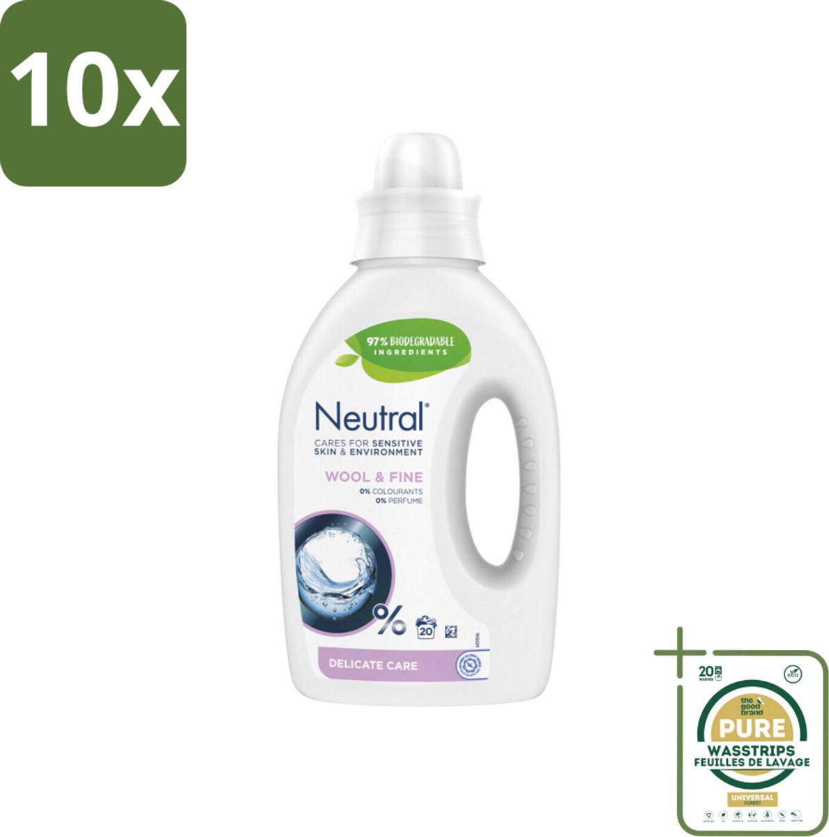 10 x Neutral Vloeibaar Wasmiddel Wol & Fijn 20 Wasbeurten 1 liter - Grootverpakking - Neutraal Wasmiddel - Hypoallergisch Wasmiddel - Parfumvrij Wasmiddel - Gevoelige Huid - Wasmachine