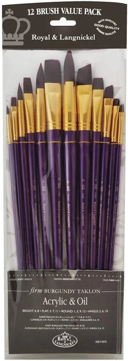 R&L Long-handled Burgundy Taklon Brush Set (Firm) - 12 Pack (B)