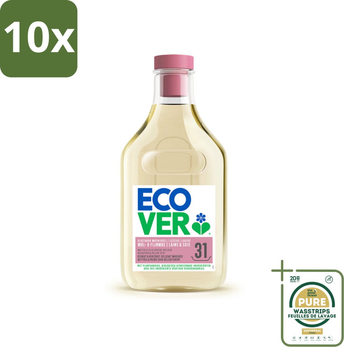 10 x Ecover Vloeibaar Wasmiddel Wol & Fijn Was - Waterlelie & Groene Meloen 31 Wasbeurten 1,43 liter - Grootverpakking - Wasmiddel Wol En Fijn Was - Vloeibaar Wasmiddel - Fijne Stoffen Was - Delicate Stoffen Was - Milieuvriendelijk Wasmiddel