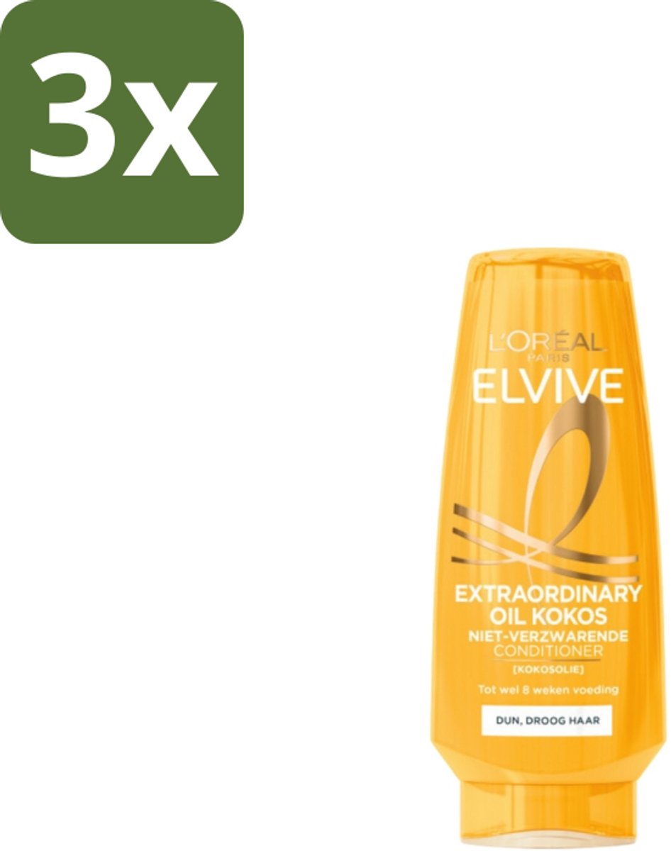 3 x L'Oréal Elvive Extraordinary Oil Conditioner Kokos 200 ml - Conditioner Kokosolie - Droog Haar - Voeding Haar - Zachtheid Haar - Glans Haar