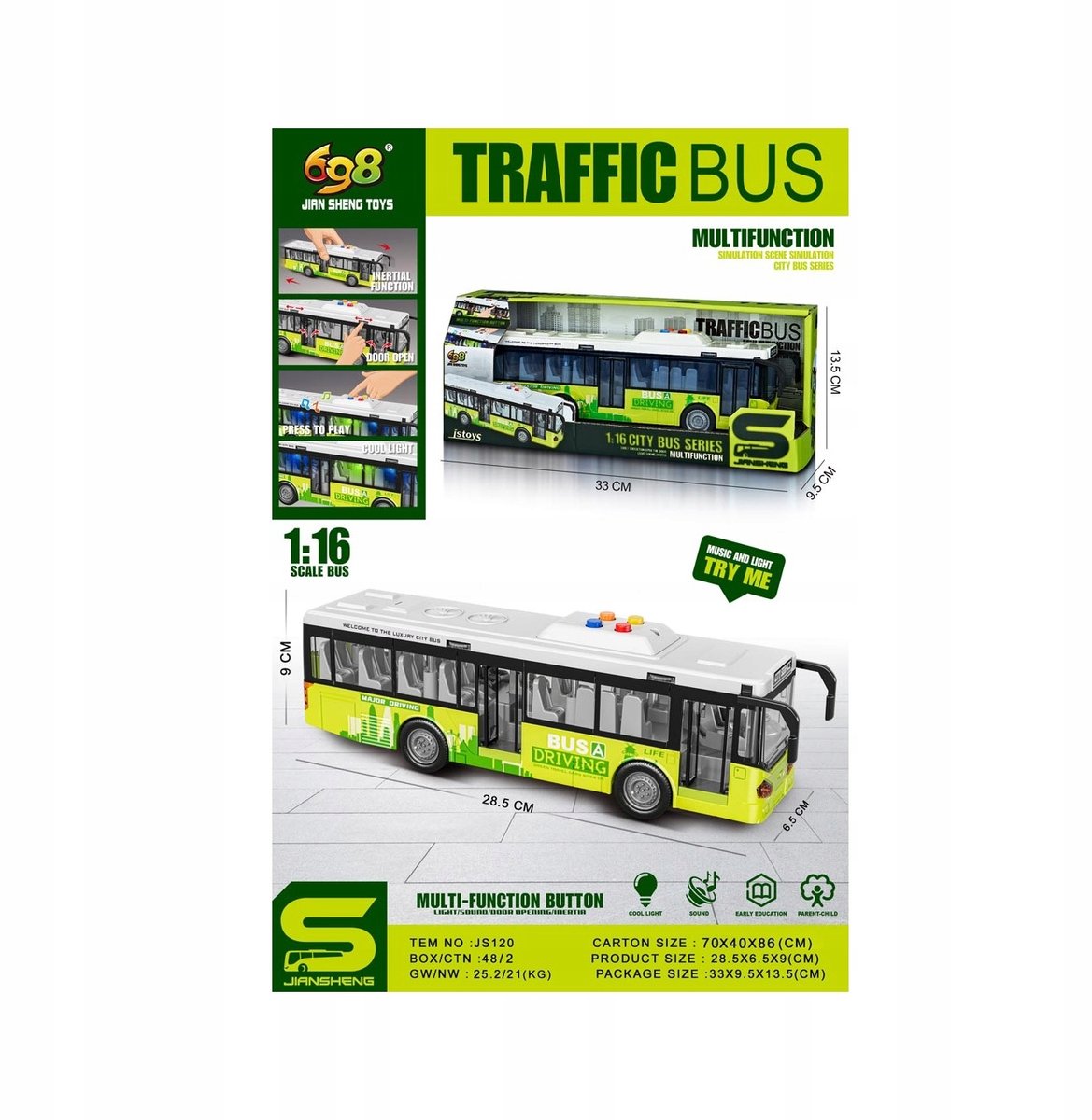Groene Autobus met Licht- en Geluidsfunctie, 1:16