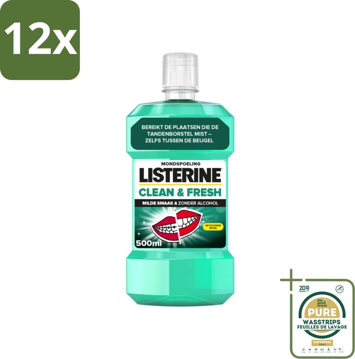 Listerine - Mondwater - Clean & Fresh - Zonder Alcohol - 500 ml - Voordeelverpakking - 12 stuks - Tandplak - Bacteriën