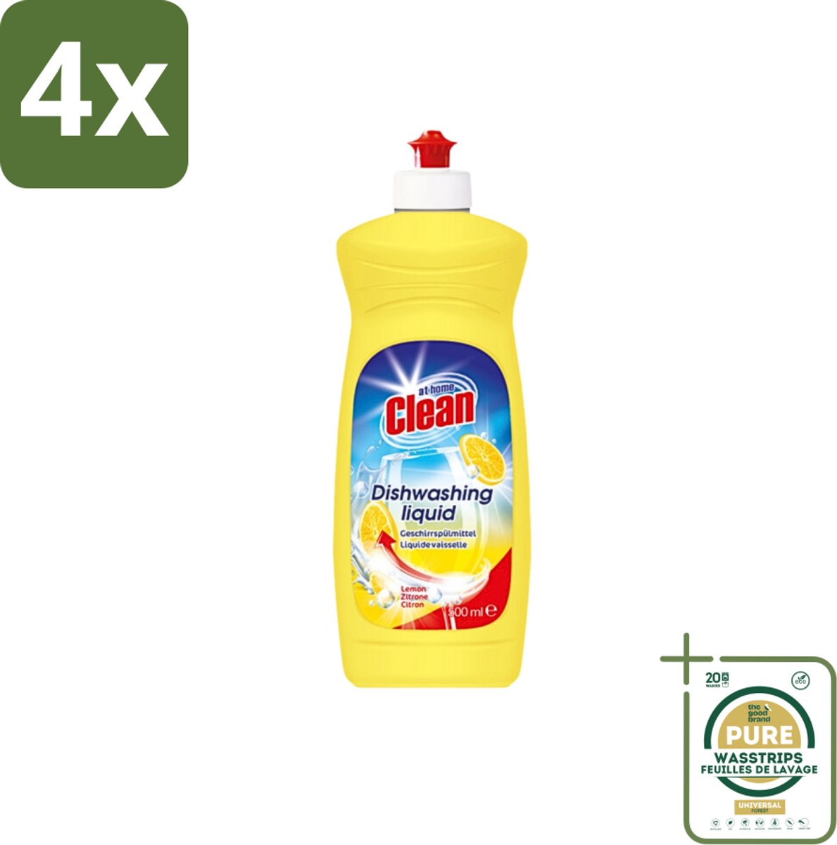 At Home - Clean - Afwasmiddel - Lemon - Stralend Schone Vaat - 500 ml - Voordeelverpakking - 4 stuks - Vet verwijderen - Citroengeur