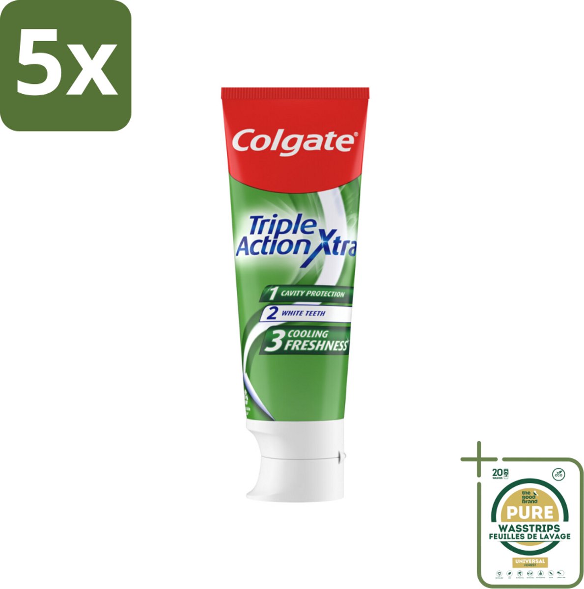 5 x Colgate Tandpasta Triple Action Extra Fresh 75 ml - Grootverpakking - Tandpasta - Gaatjes - Tanden - Frisse Adem - Mondverzorging