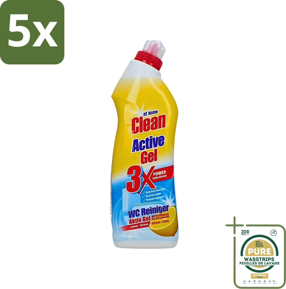 5 x At Home - Clean - Active Gel - Toiletreiniger - Lemon - Extra Krachtig - 750 ml - Grootverpakking - Toiletreiniger - Kalk Verwijderen - Toilet Reinigen - Lemon Geur - Hygiëne Toilet