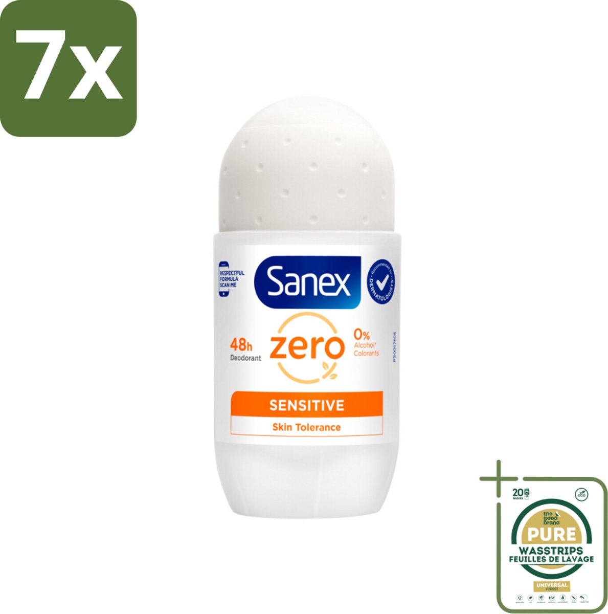 7 x Sanex Deodorant Roller Zero% Sensitive Skin 50 ml - Grootverpakking - Sanex Deodorant Zero% Sensitive - Alcoholvrije Deodorant - Parabenenvrije Deodorant - Gevoelige Huid - Deodorant Voor Mannen En Vrouwen