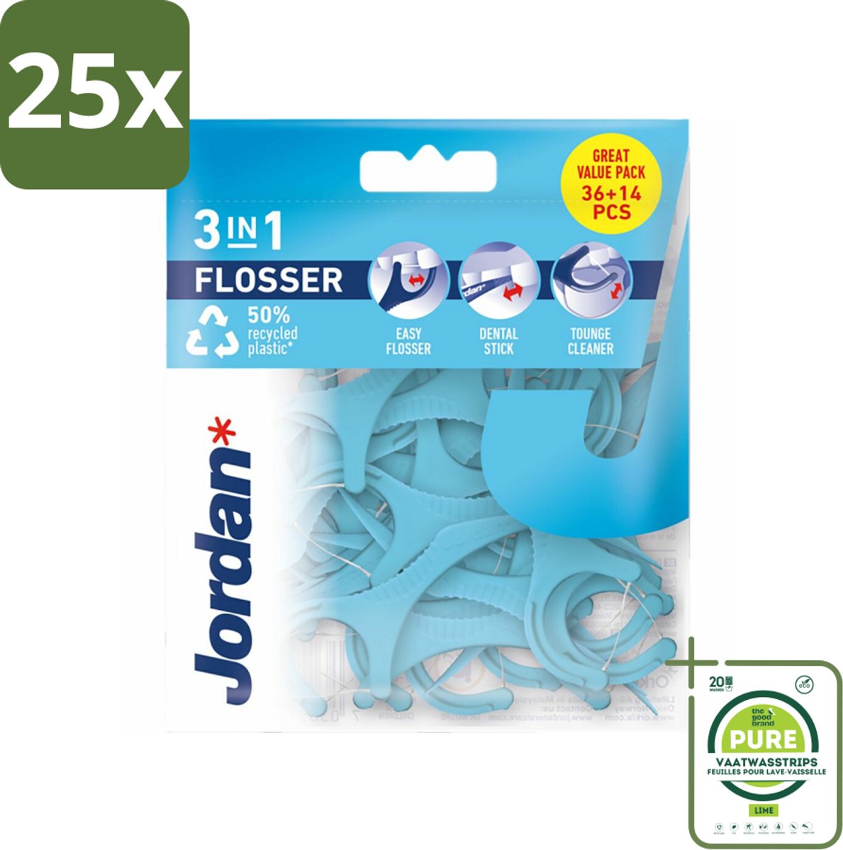 25 x Jordan Flosser 3-in-1 50 stuks per verpakking - Grootverpakking - 3-in-1 Flosser - Tandenstoker - Flosdraad - Tongschraper - Mondhygiëne
