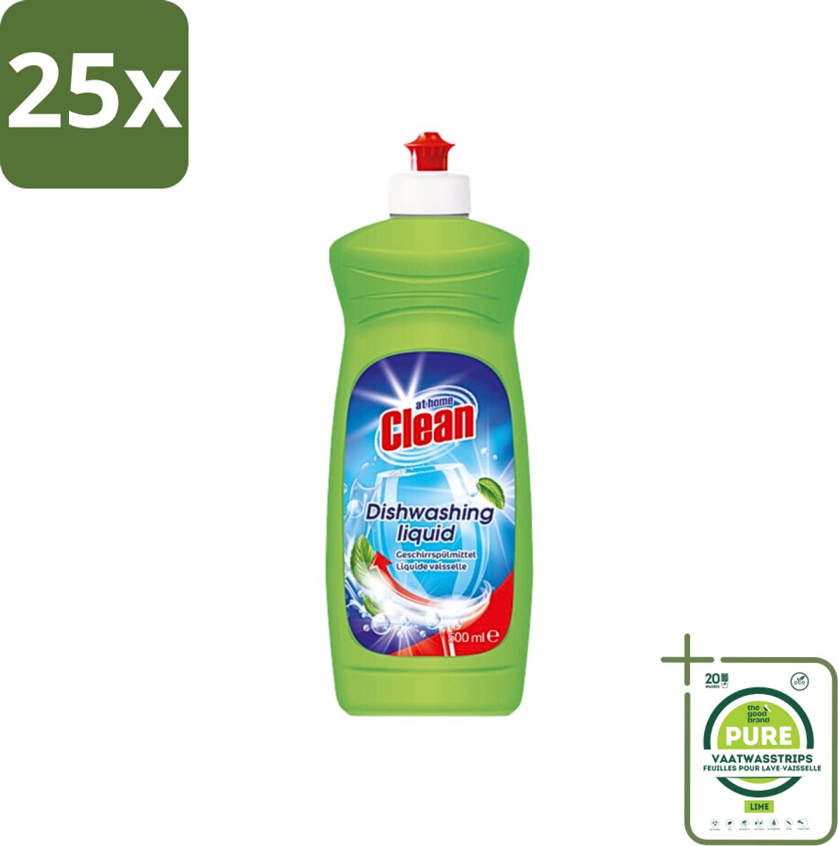 25 x At Home - Clean - Afwasmiddel - Ultra - Stralend Schone Vaat - 500 ml - Grootverpakking - Afwasmiddel - Vaat Reinigen - Vet Verwijderen - Schone Vaat - Mild Voor Handen