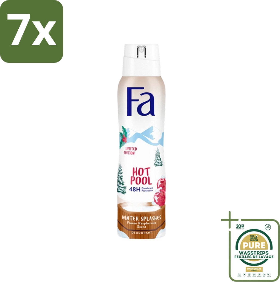 7 x Fa - Deospray - Winter Splashes - 48 uur Bescherming - Frozen Raspberry - Verfrissend & Fruitig - 150 ml - Grootverpakking - 48 Uur Bescherming - Zweetbescherming - Frambozen Geur - Deospray - Huidbescherming
