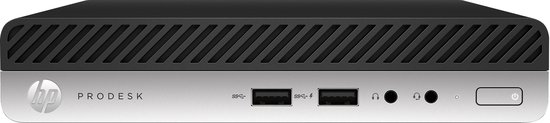 Zwarte HP ProDesk mini-pc met zilveren voorpaneel, twee USB-poorten, audio-aansluitingen en aan/uit-knop.