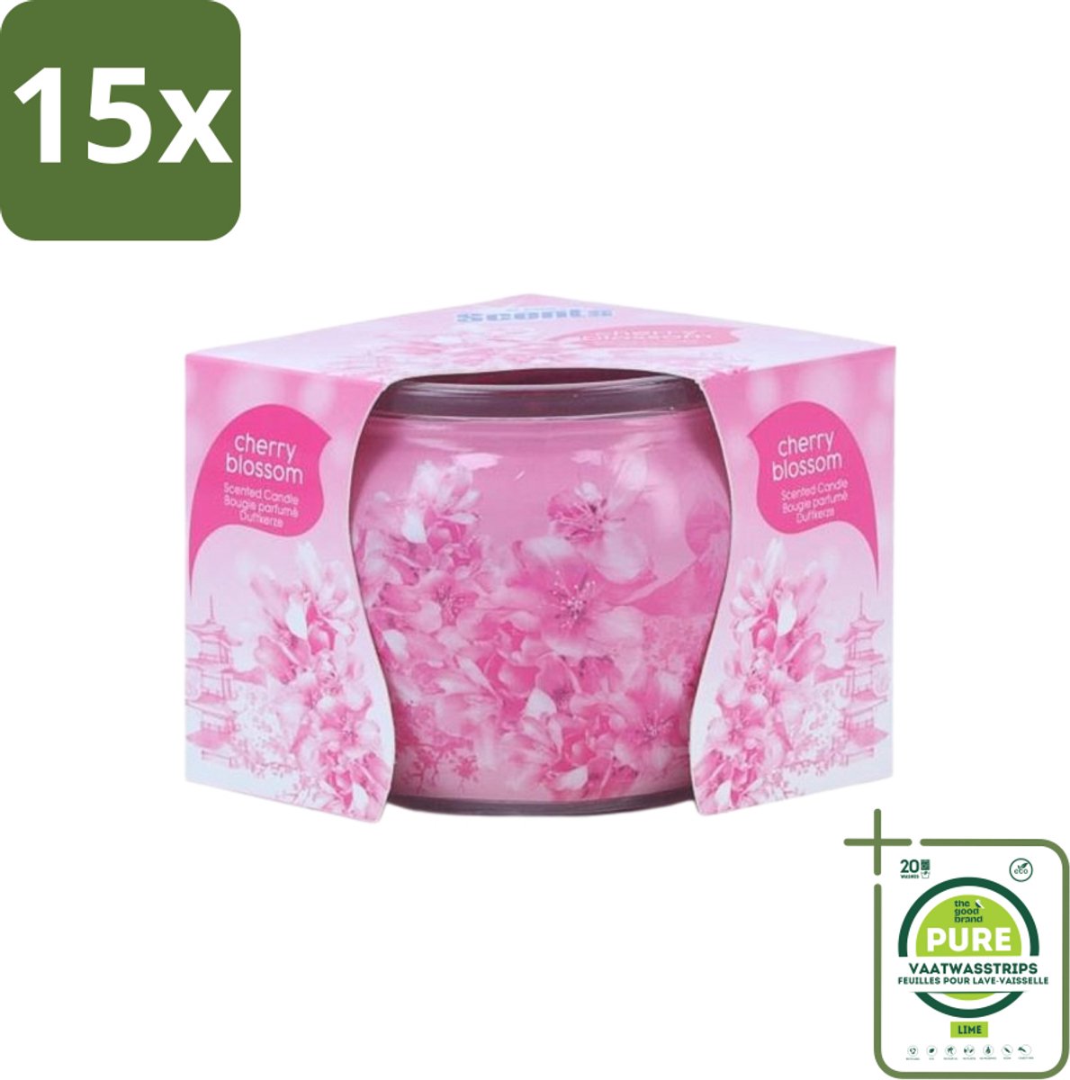 15 x At Home - Scents - Geurkaars - Cherry Blossom - 70 g - Grootverpakking - Geurkaars Cherry Blossom - Kersenbloesem Geur - Thuis Geur - Rustgevende Geur - Geur Sfeer