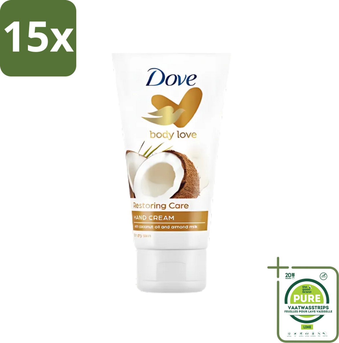 15 x Dove - Handcrème - Body Love Restoring Care - Kokos & Almond - Hydraterend - Droge huid - 75 g - Grootverpakking - Handcrème - Handverzorging - Droge Huid - Hydraterende Crème - Kokos En Amandel