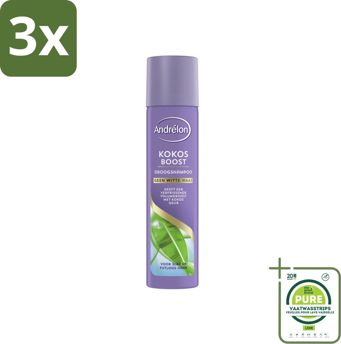 3 x Andrélon Droogshampoo Kokos Boost 245 ml - Grootverpakking - Droogshampoo - Kokos Boost - Volume Haar - Fris Haar - Vet Absorberend