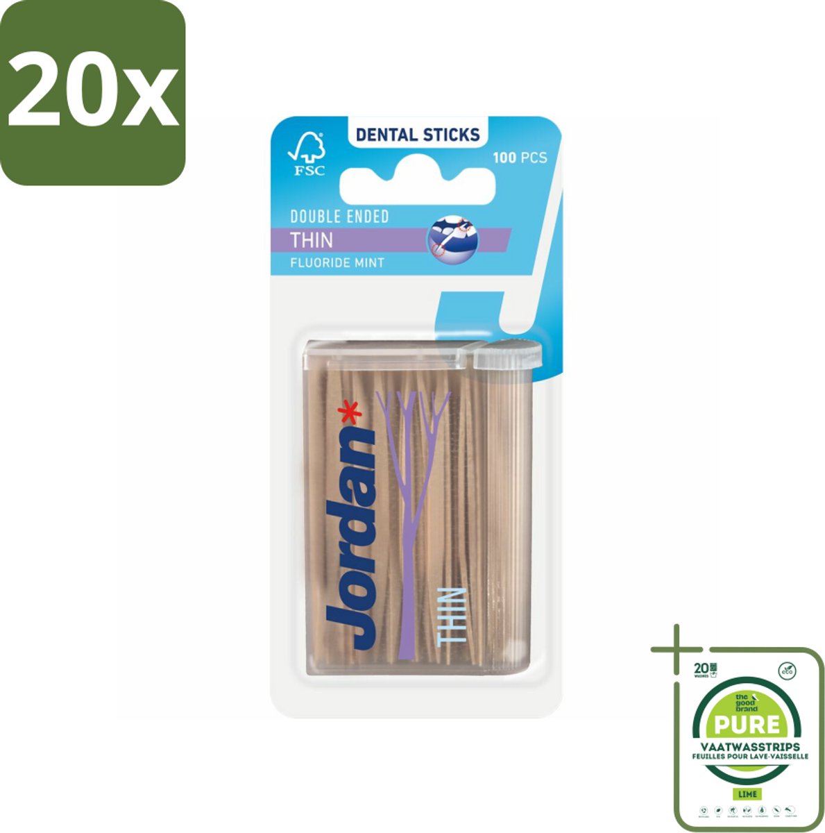 20 x Jordan Tandenstokers Double Ended Thin 100 stuks per verpakking - Grootverpakking - Tandenstokers - Dubbelzijdige Tandenstokers - Interdentale Reiniging - Tandplak Verwijderen - Fluoride