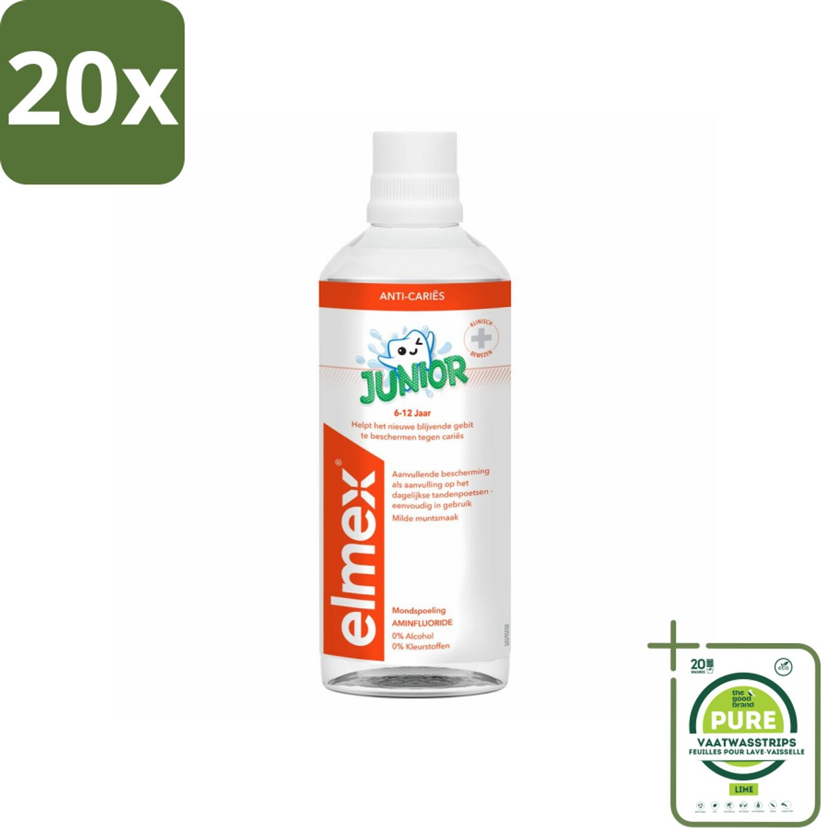 20 x Elmex Mondspoeling Junior (5-12 Jaar) 400 ml - Grootverpakking - Tandspoeling Voor Jongeren - Gaatjesbescherming - Aminfluoride - Beugelbescherming - Alcoholvrije Tandspoeling