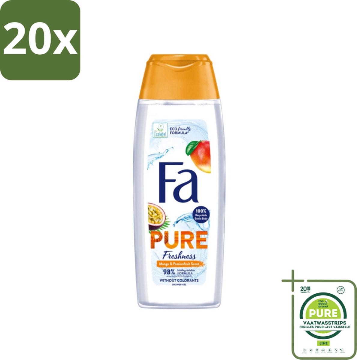 20 x Fa - Douchegel - Pure Freshness Mango & Passievrucht - Verfrissend & Zoet - Hydraterend - 250 ml - Grootverpakking - Douchegel Mango Passievrucht - Verfrissende Geur - Hydraterende Douchegel - Tropische Geur - Huidverzorging