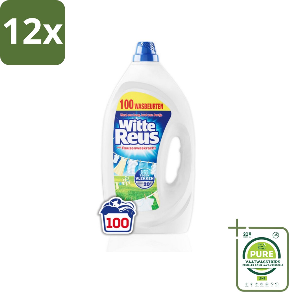Witte Reus Wasmiddel Gel 100 Wasbeurten 4,5 liter - Voordeelverpakking - 12 stuks - Wasmiddel - Witte Reus Gel
