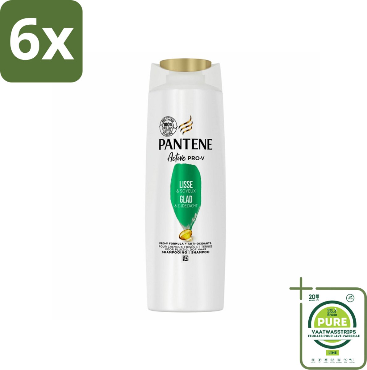 Pantene - Shampoo - Glad & Zijdezacht - Voedt en Versterkt - Voor Pluizig Haar - 225 ml - Voordeelverpakking - 6 stuks - Pantene Shampoo - Pluizig haar