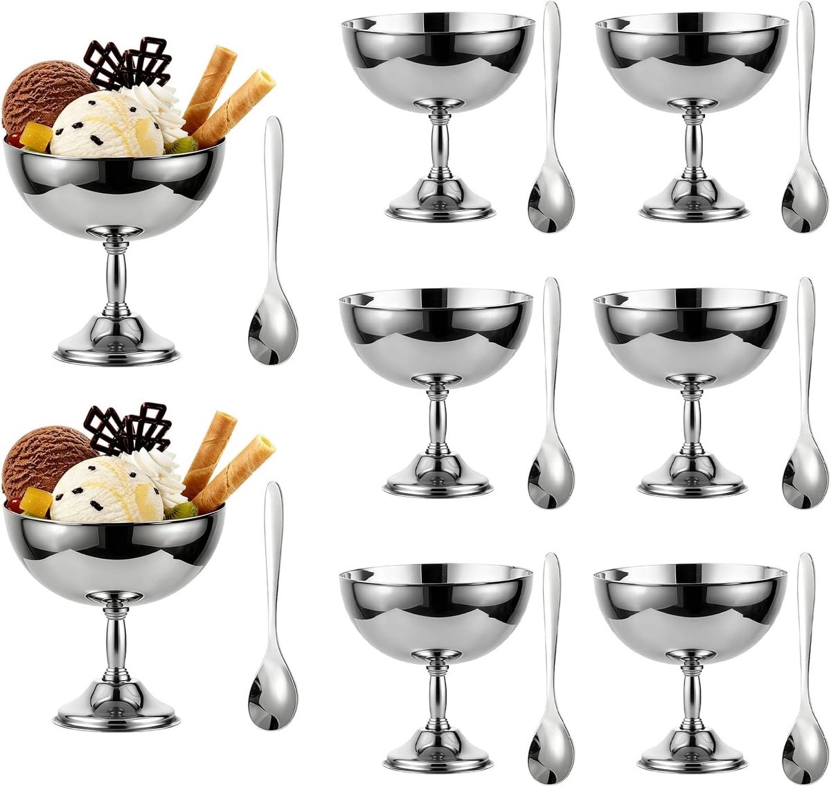 Set van 8 RVS IJsroomkommen van 270ml - Herbruikbare Sundae Cups met Lepel en Vork voor Milkshake, Frozen Yogurt en Gelato