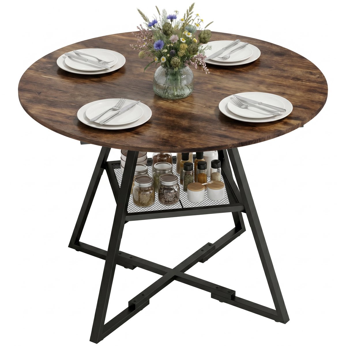 Ronde Eettafel Voor 4 Personen - 100 x 100 x 76 cm - Keukentafel Met één Opbergrek - Landelijke Stijl - Bruinzwart