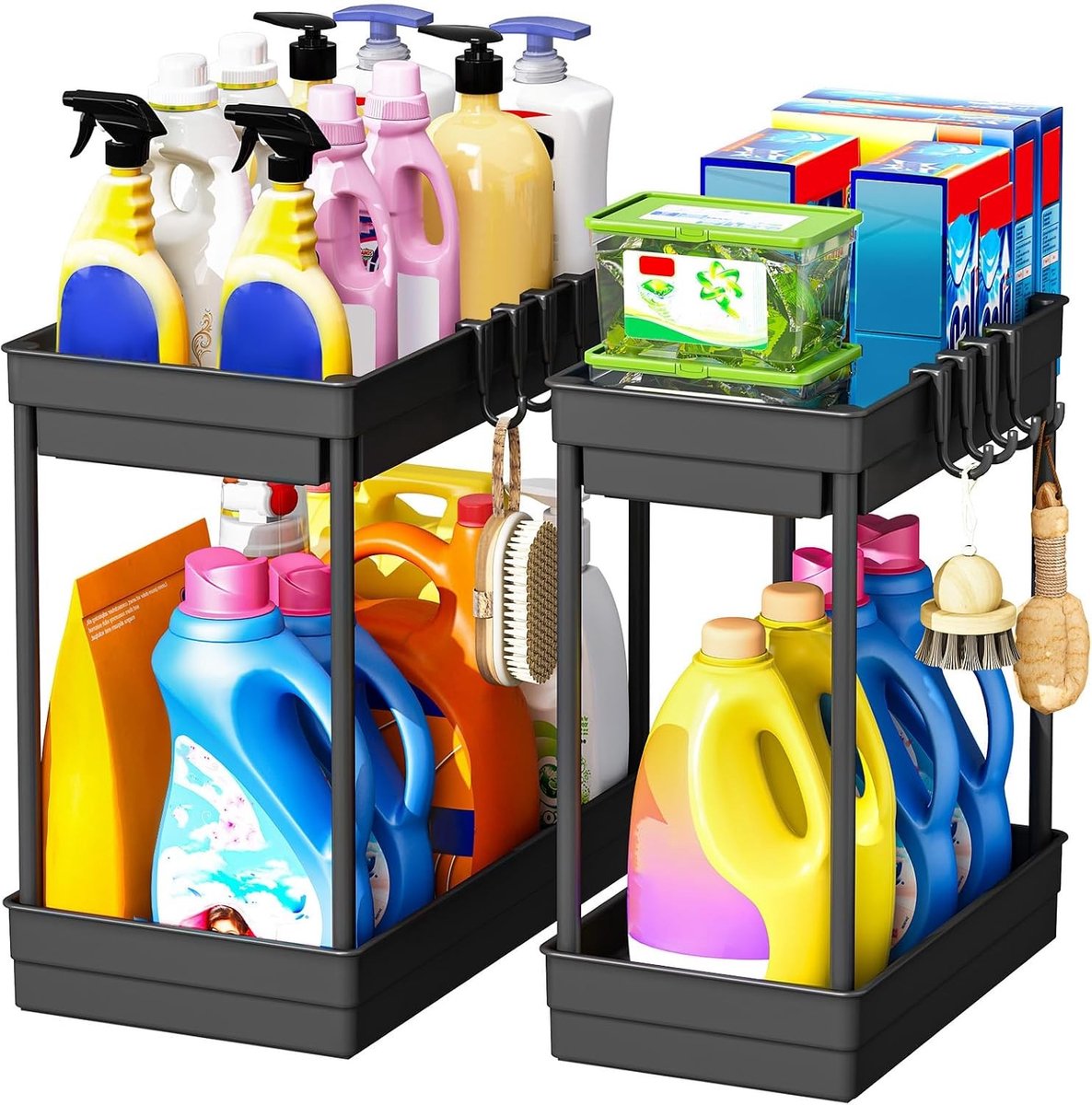 Gootsteenkast Organizer Uitrekbaar - Zwart - 38 x 33,5 x 20 cm - 2 Etages - Voor Keuken en Badkamer