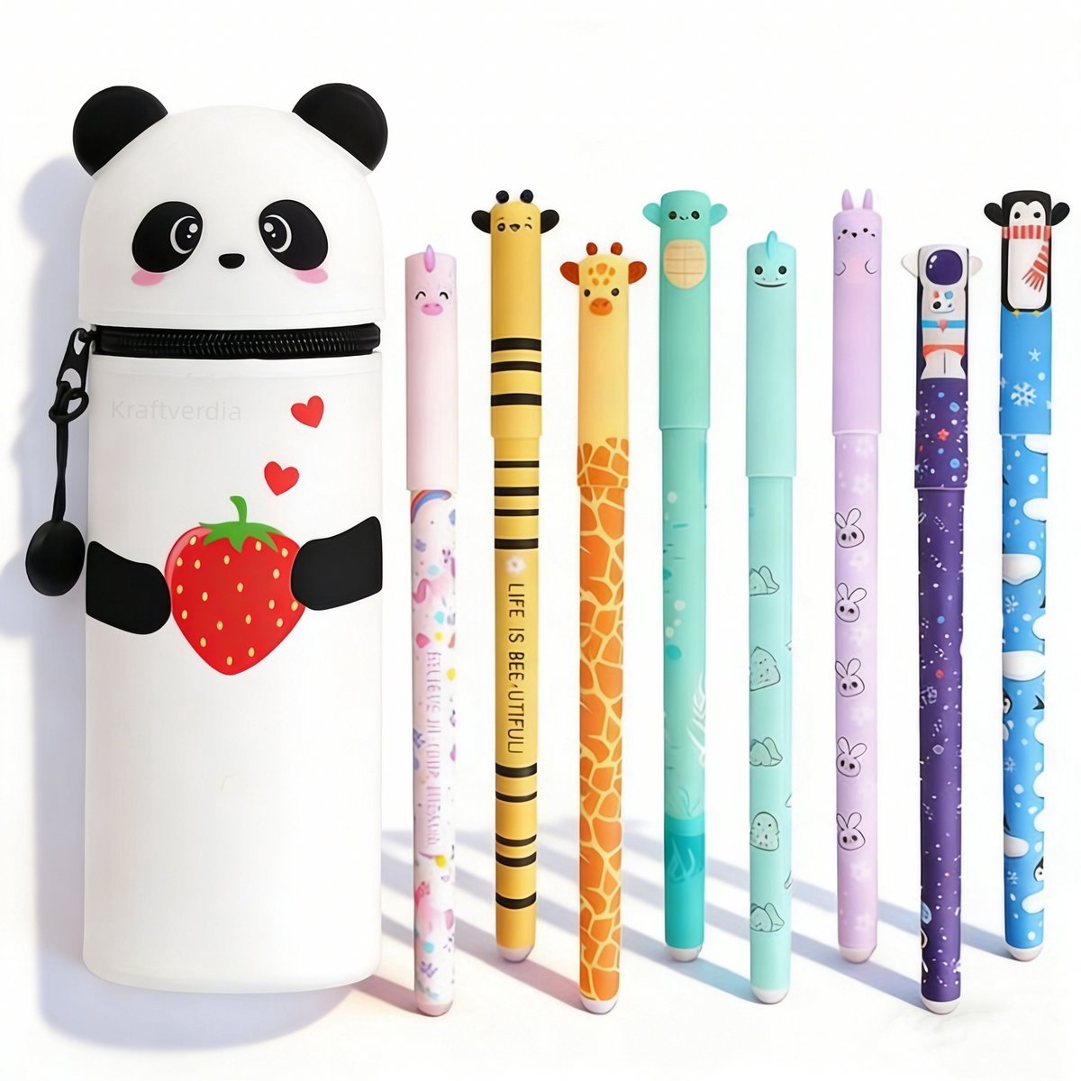 casalora - Uitwisbare pennen 8 kleuren - Gelpennen met siliconen etui - Panda Pennenzak - 0,6 mm Cartoon Patroon Dierenpen voor Schoolspullen van Kinderen of Kantoorbenodigdheden voor Volwassenen - Cadeauset - Niet geschikt voor legami vulling