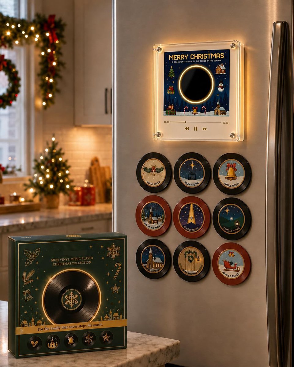 Magnetische Kerst Muziekdoos voor Koelkast - Met 9 NFC Mini Vinylplaten - USB-C Oplaadbaar - Afspeelmogelijkheid Zonder Telefoon - Sfeervolle Kerstdecoratie - SOLLBRY®