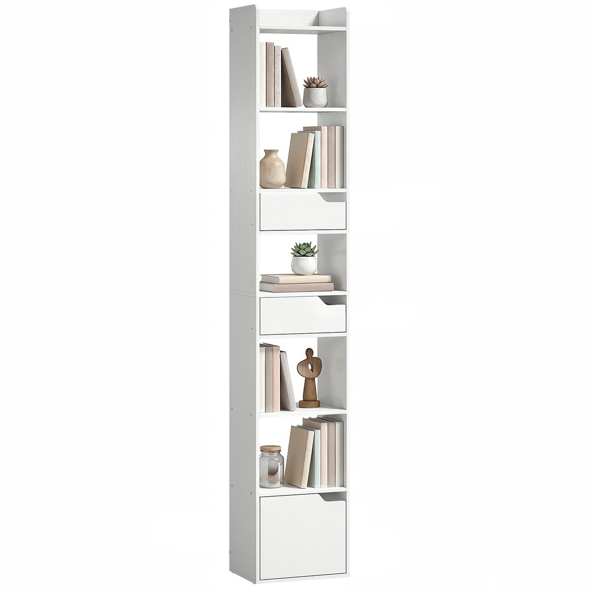 Boekenkast - Smalle Hoge Opbergkast Met 5 Open Vakken, 3 Lades - Wit Hout - 32x24x181,5 Cm