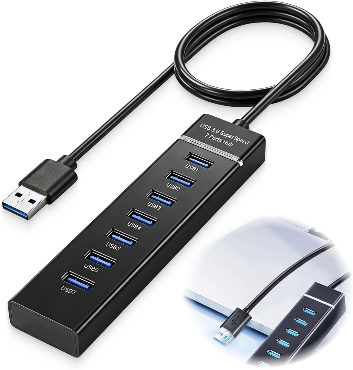 Aluminium USB-hub met 7 poorten, 5 Gbps snelheid, 100 cm kabel, multi-poort adapter voor laptop, pc, toetsenbord en muis