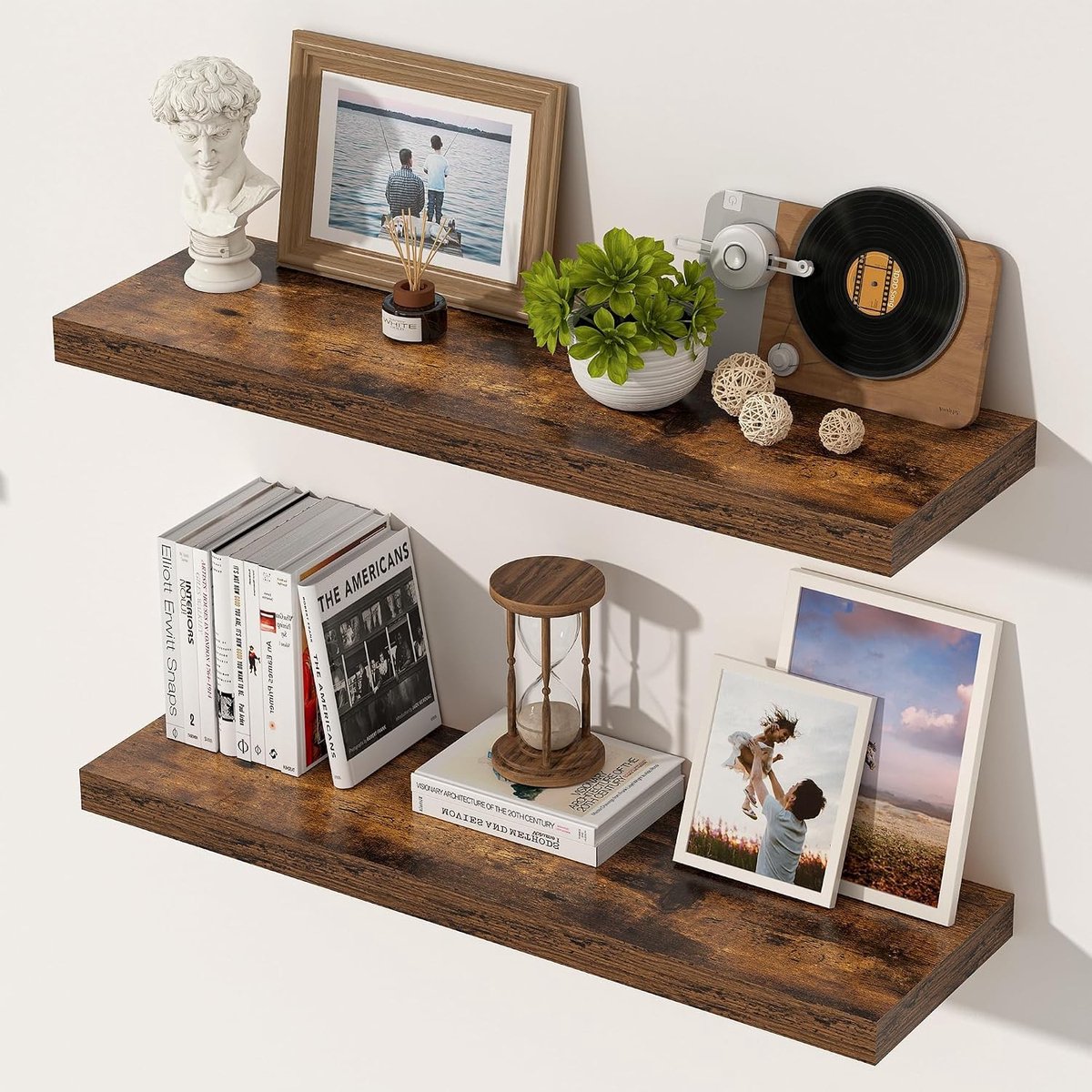 Diepe zwevende planken van hout, 29.5cm en 60cm, vintage bruine wandplanken voor keuken, badkamer en woonkamer, set van 2 voor optimale opslag en organisatie