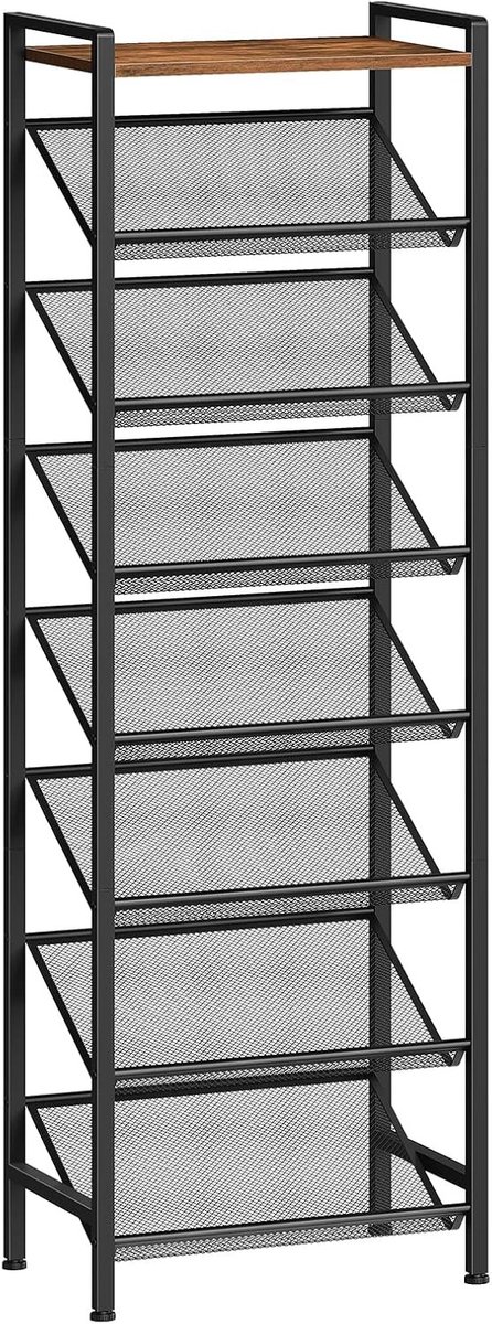 Narrow Schoenenrek met 8 Lagen, Hoge Schoenkast met Schuin Metaal Gaas, Voor 16-24 Paar Schoenen, Ideaal voor Hal, Slaapkamer en Woonkamer, Vintage Bruin en Zwart