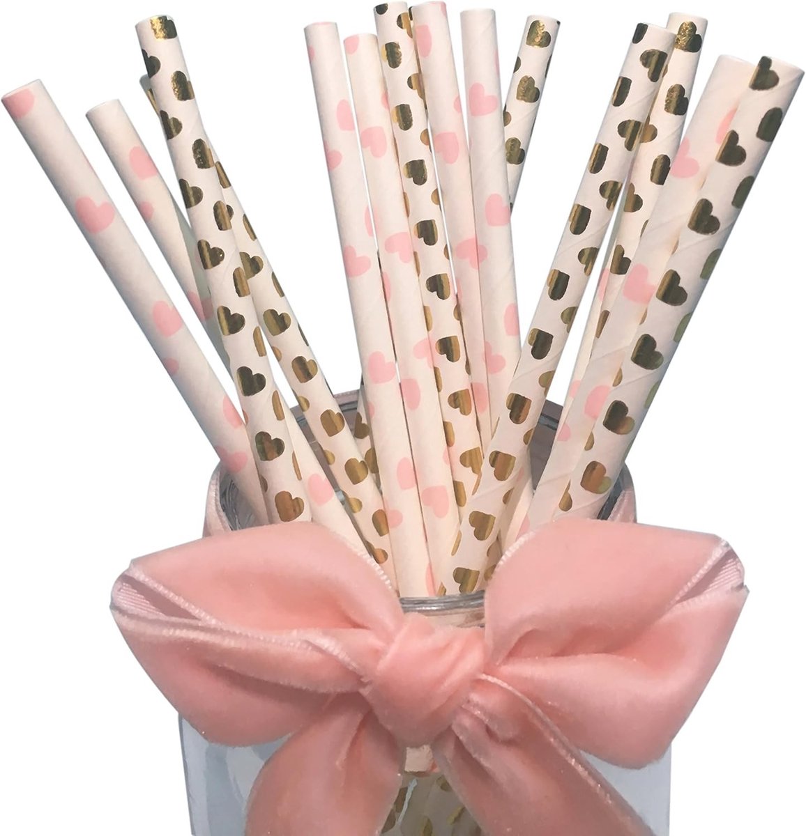 Biologisch afbreekbare papieren rietjes met roze gouden hartjes, 100 stuks, ideaal voor feesten, bruiloften en speciale gelegenheden