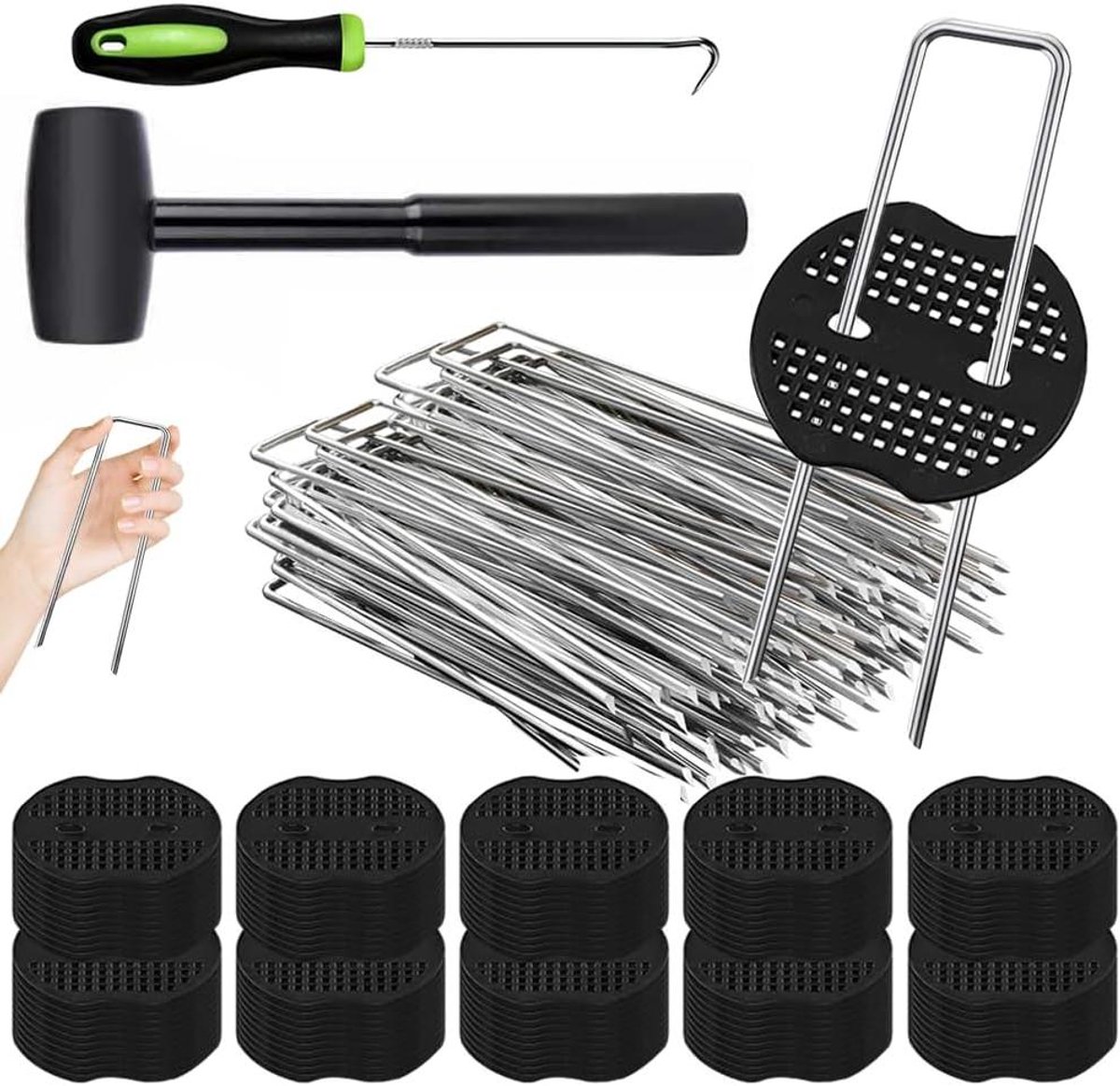 Grondpennen Set - Hamerpennen Tuin - Kunstgras Bevestigen - Roestvrij Verzinkt Staal - 100 Stuks 15cm - Zilver