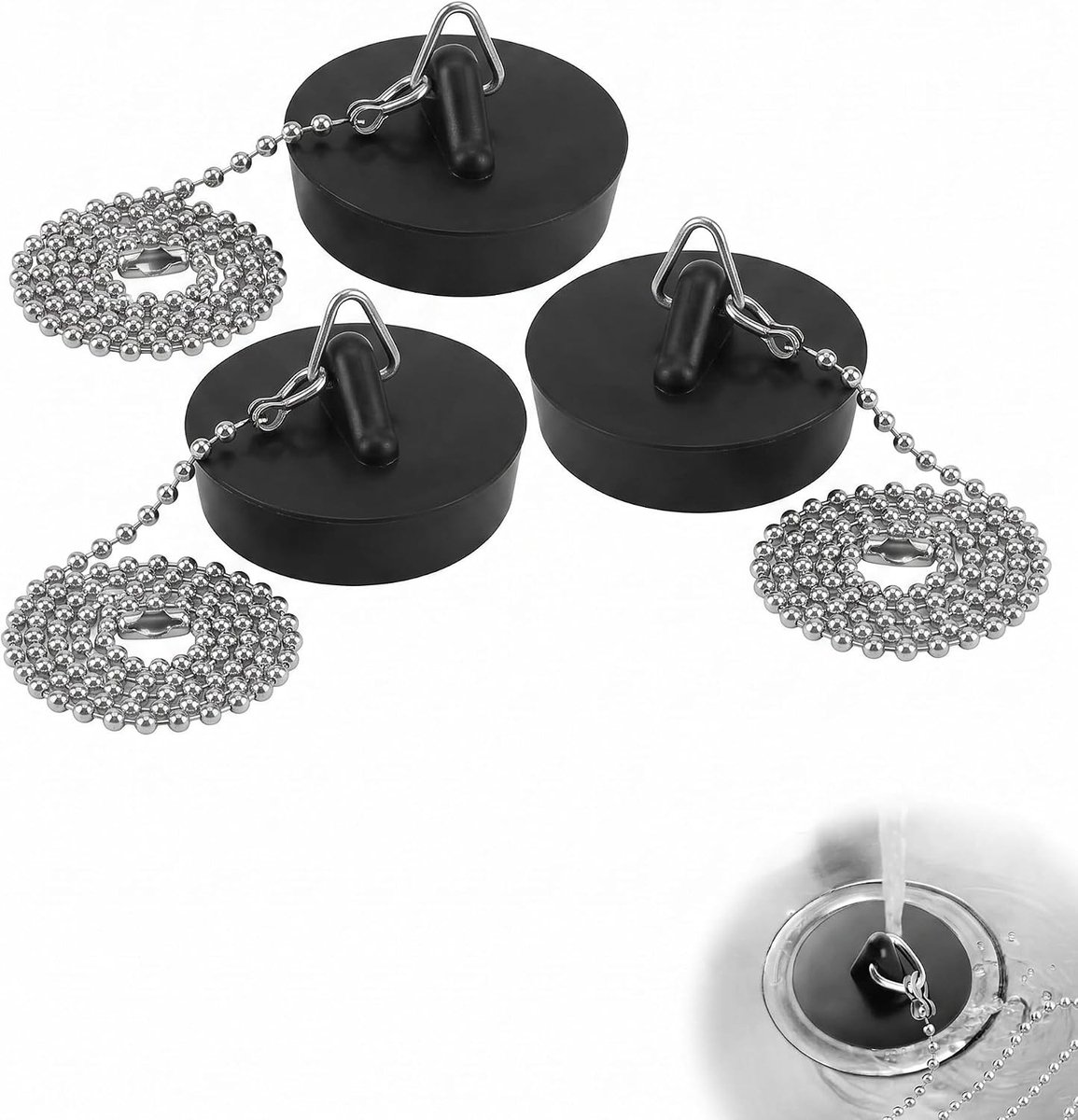 Set van 3 Rubberen Afvoerstoppen met Ketting, Universele Sluiting voor Wastafel en Badkuip, Betrouwbare Afvoerstop voor Keuken en Badkamer