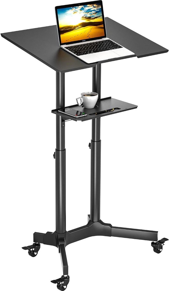 Mobiel Sta-bureau - Verrijdbaar Werkstation - Comfortabel Werken - In Hoogte Verstelbaar - 60x40 cm Plank - Zwart