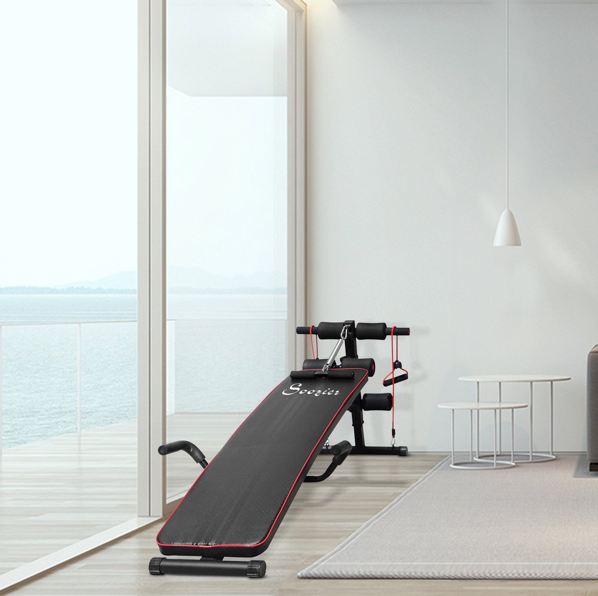 REDOM - Buikspierbank - Verstelbare trainingsbank met vier hoekstanden en vijf hoogtestanden - Met weerstandbanden en horizontale latpulldown - Voor buik-, rug- en armtraining - Staal - Zwart - 137,5 x 55,5 x 50-68 cm