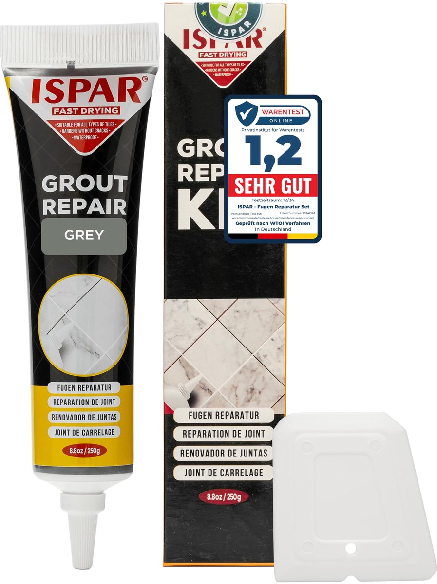 ISPAR Voegenreparatie Grijs 250 g – Kant-en-klare voegpasta voor tegelvoegen, badkamer, douche, keuken, wand en vloer - ShopVlot