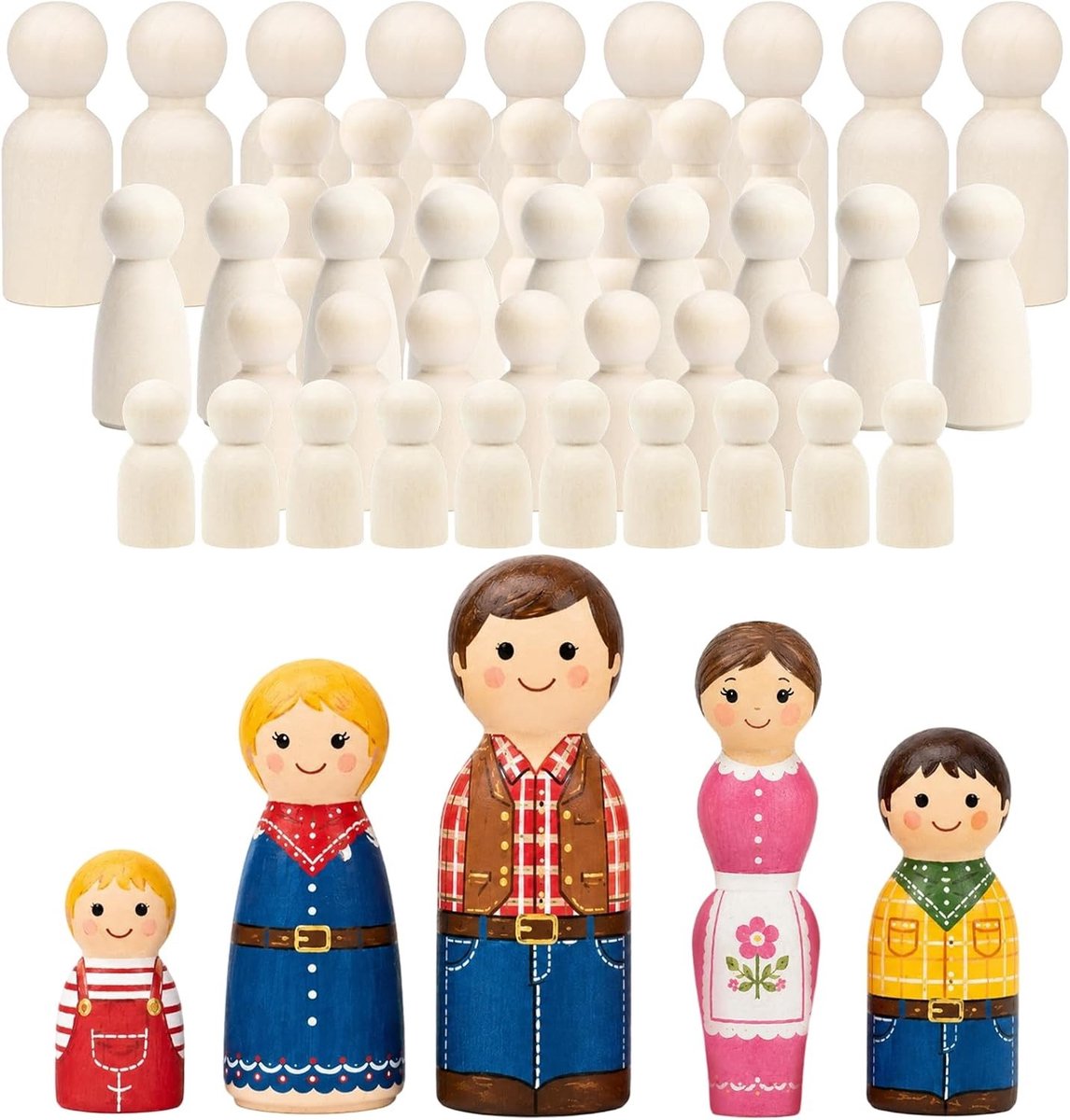 40 Stuks Onbewerkte Houten Poppen in 5 Vormen 30-60mm, DIY Houten Figuren voor Schilderen, Knutselen en Decoratie