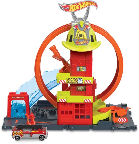 Hot Wheels City Super Brandweerkazerne met oranje loop, waterbaan en rode brandweerauto.