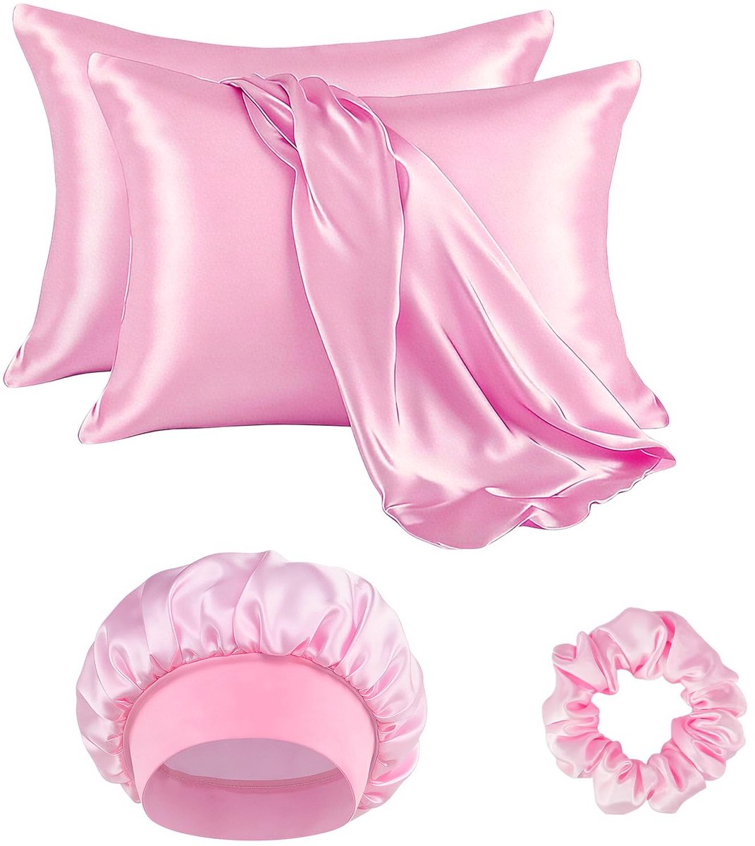 Elzusha - Set van 2 Satijnen Kussenslopen met Scrunchies, Roze