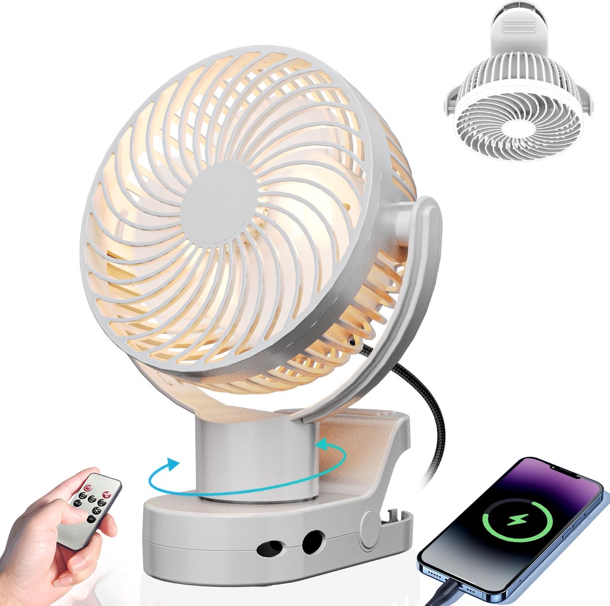 Gemmac 360 ° Rotatie Ultra-Stille Ventilator van 8000mah Oplaadbare Batterij,Mini USB Ventilator met 4 Snelheden,Warm - ShopVlot