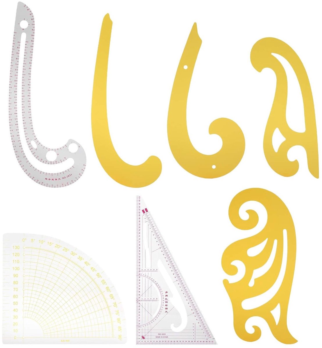 Complete Set van 7 Franse Curve Linialen voor Naaien, Kostuumontwerp en Tekeningen in Hard Plastic
