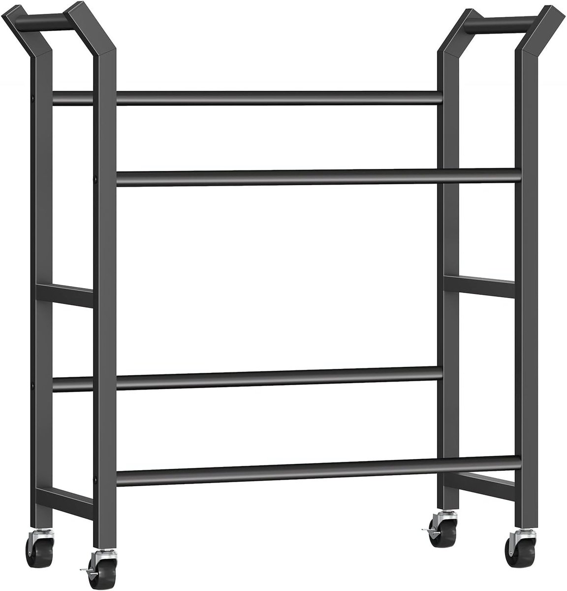 Beverage Crate Rack op Wielen voor 4 Kratten, Flessenhouder voor Keuken en Woonkamer, Zwart met 75kg Draagvermogen per Plank
