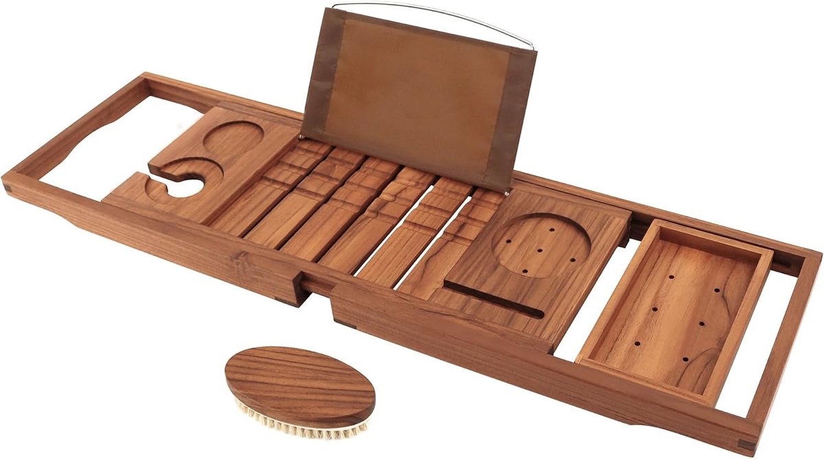 Bamboe Bad Caddy Tray, Uitschuifbare Badplank met Verbeterde Wijnglazenhouders en Boekhouder, Antislip en Verstelbaar voor Wijnglas, Telefoon, Boek en Kaars