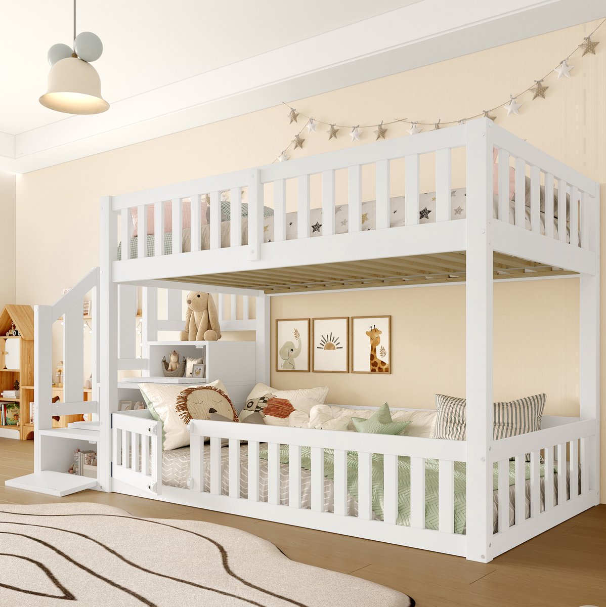 Wishdor Stapelbed 90x200 cm - Met trap en opbergruimte - Met uitvalbeveiliging - Kinderen slaapkamer - Hout MDF - Wit - 252 x 95 x 130 cm