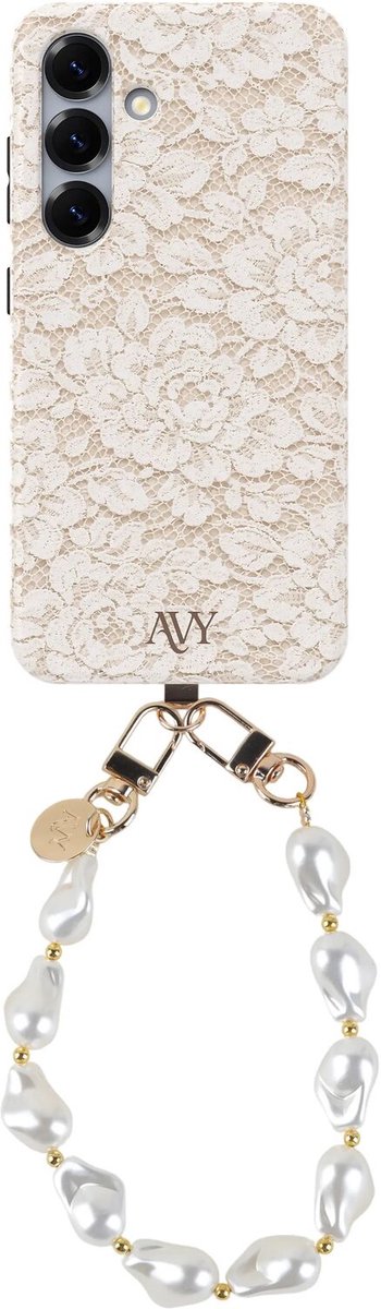 AVY Hoesje Met Telefoonkoord | Geschikt voor Samsung Galaxy S24 Plus | Compatibel met MagSafe & Qi2 | Hard Shell Back Cover | Stijlvol Bijpassend Koord Polsbandje (32CM) | Vintage Lace