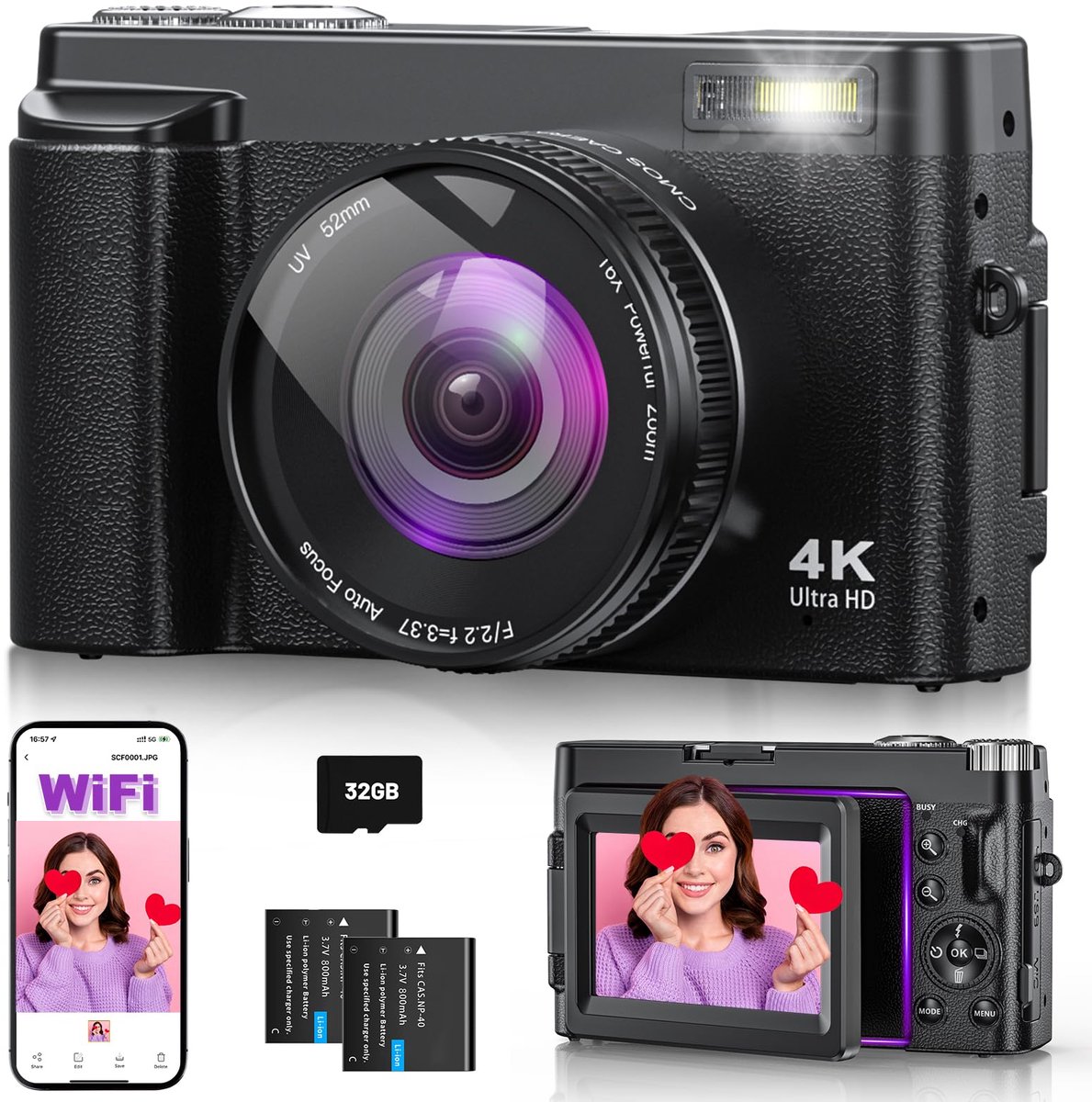 Digitale Camera 4K 64MP – WiFi – Autofocus – 16x Zoom – 180° Kantelbaar Scherm – 32GB + 2 Accu’s