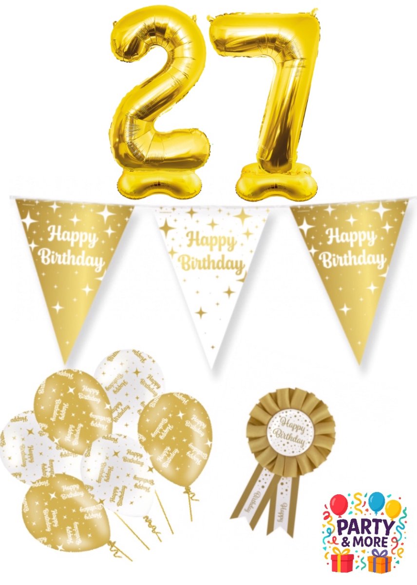 Party & More - 27 jaar - verjaardag versiering - ballonnen - slinger - cijferballon - Luxe Gouden Feestdecoratie Set – Compleet Pakket – versiering - verjaardag